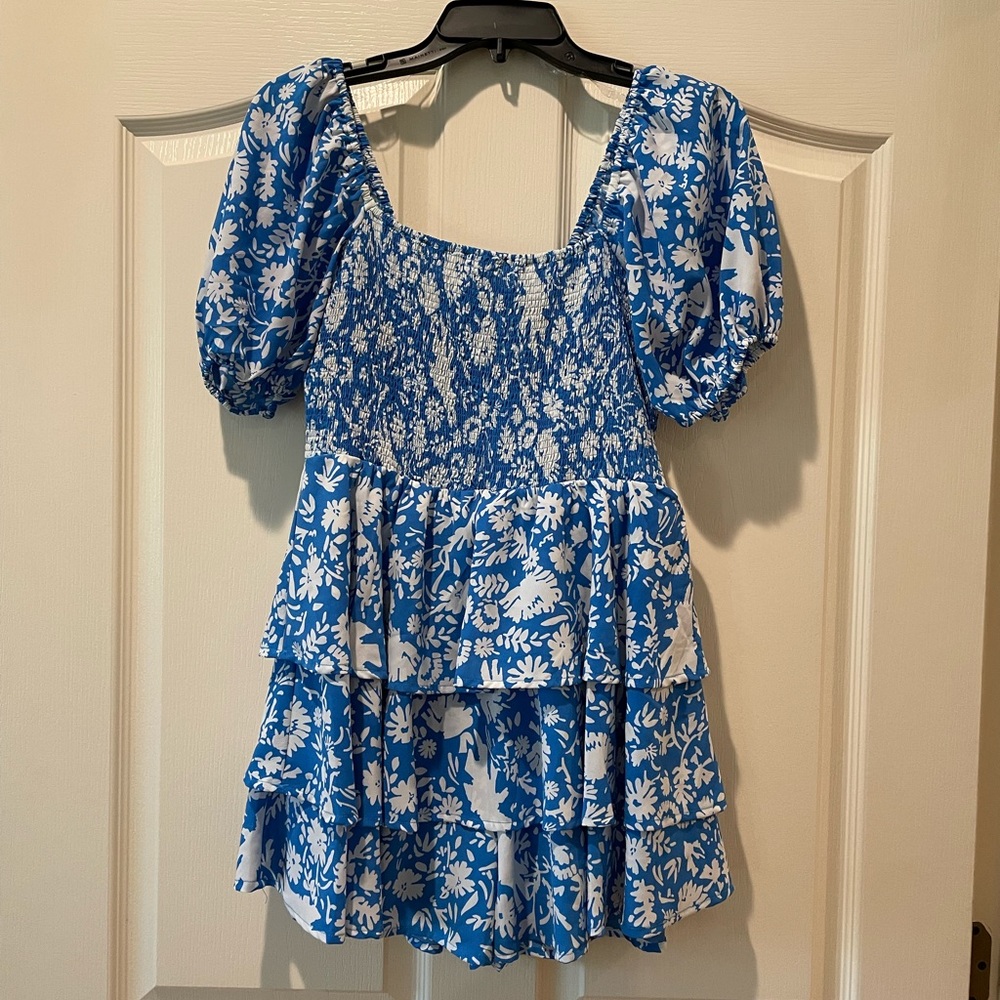 entro Blue and White Floral Smocked Romper